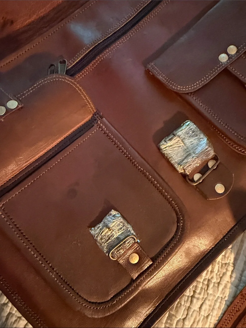 Men's Brown Leather Briefcase with Front Buckle Pockets